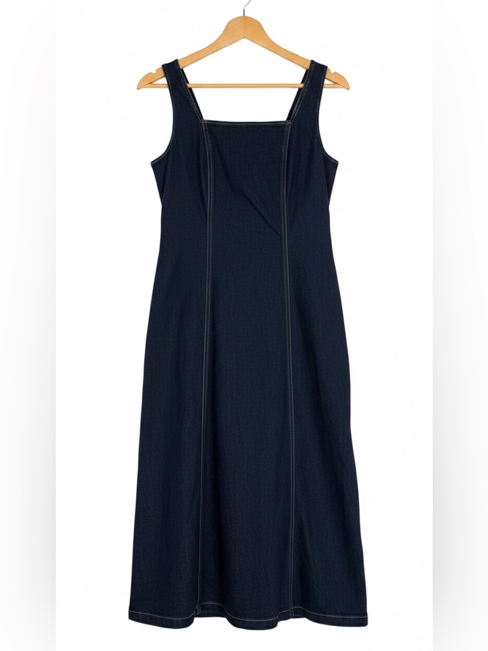 habitual dark wash square neck denim midi dress